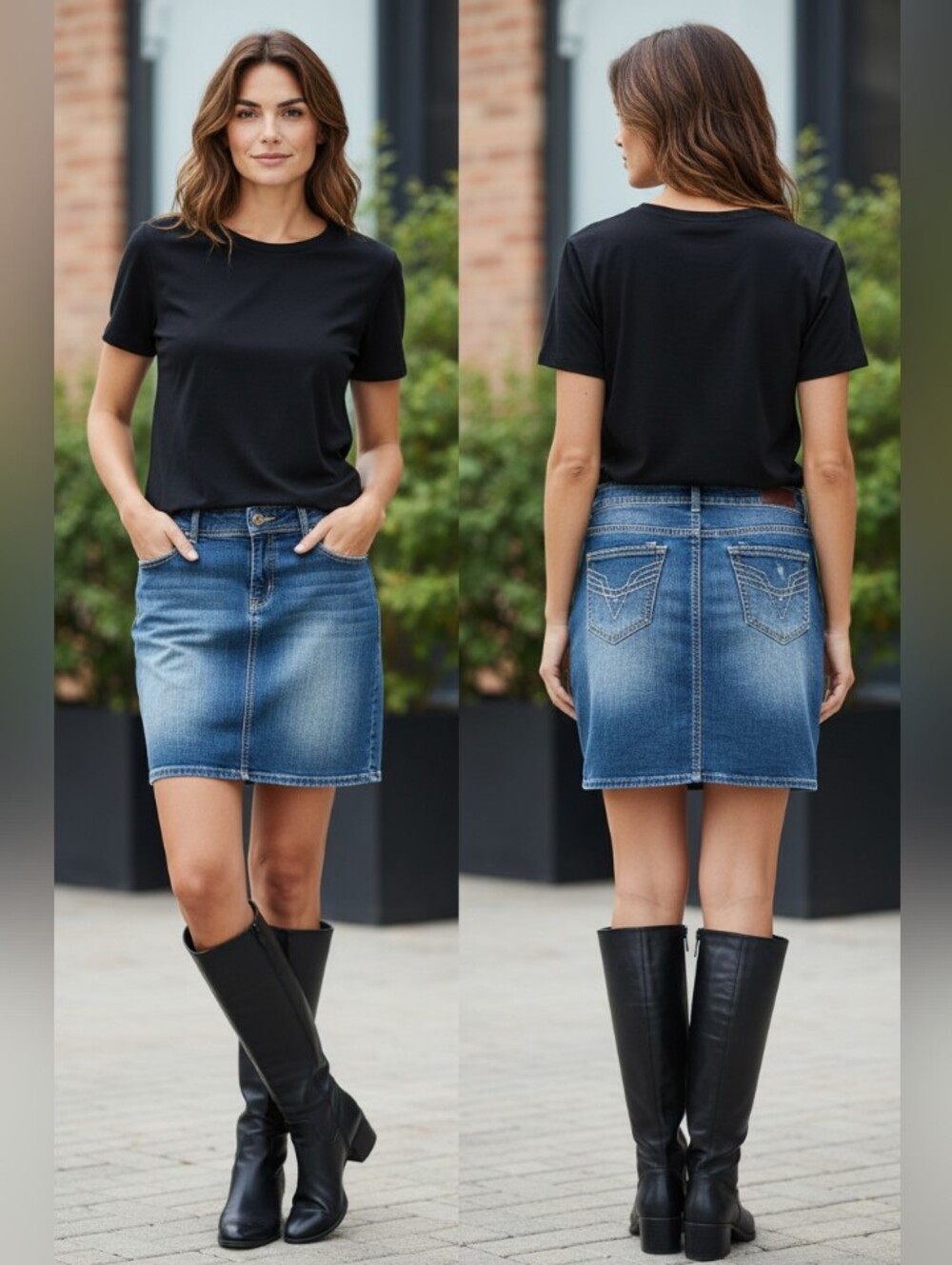 Vigoss Women’s Blue Solid Denim Mini Skirt Zip Closure Pockets Stretch Size 14